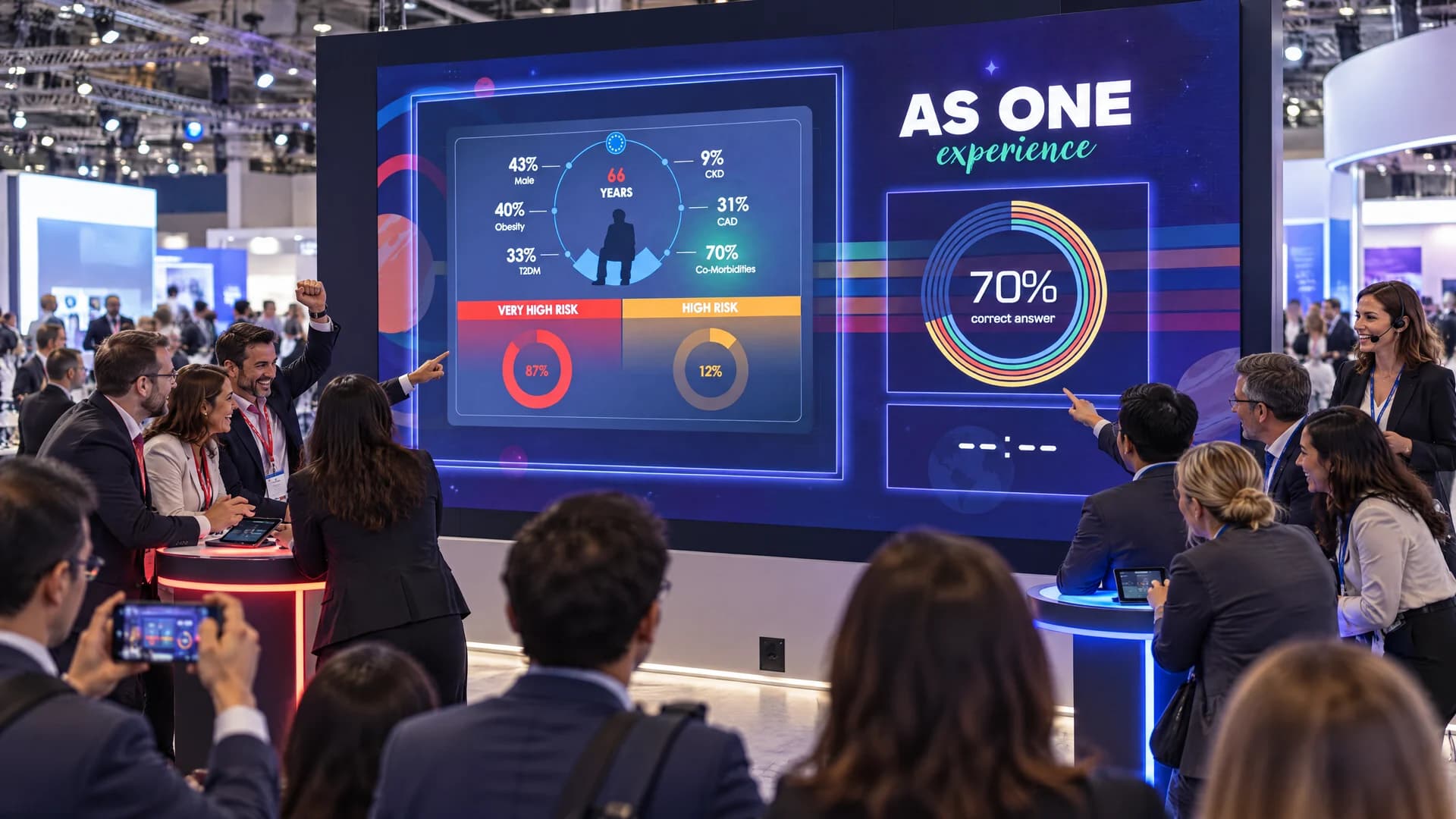 Two teams facing the giant screen, on a congress stand