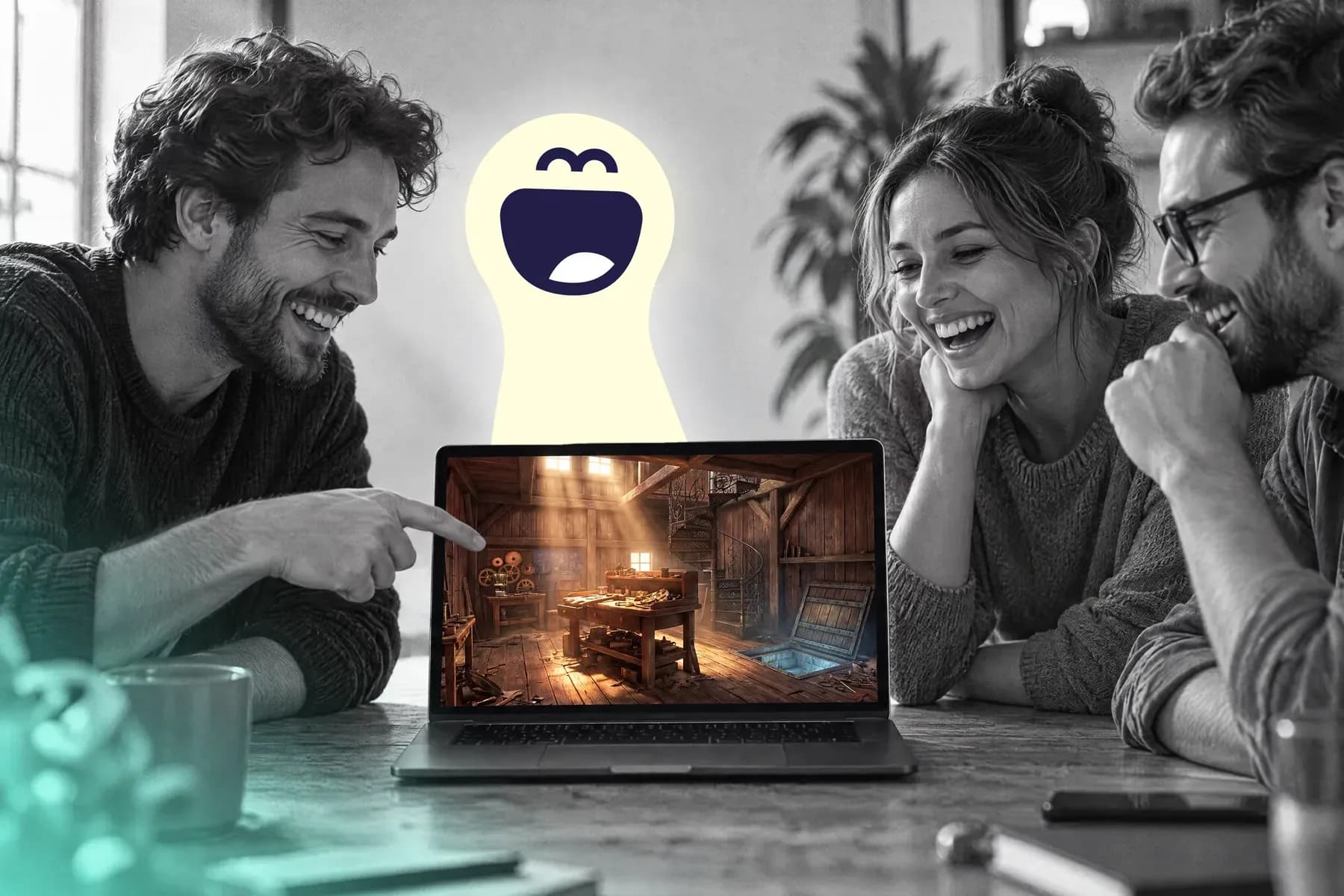 A team solves an escape game on a laptop, a laughing Twilie behind the screen