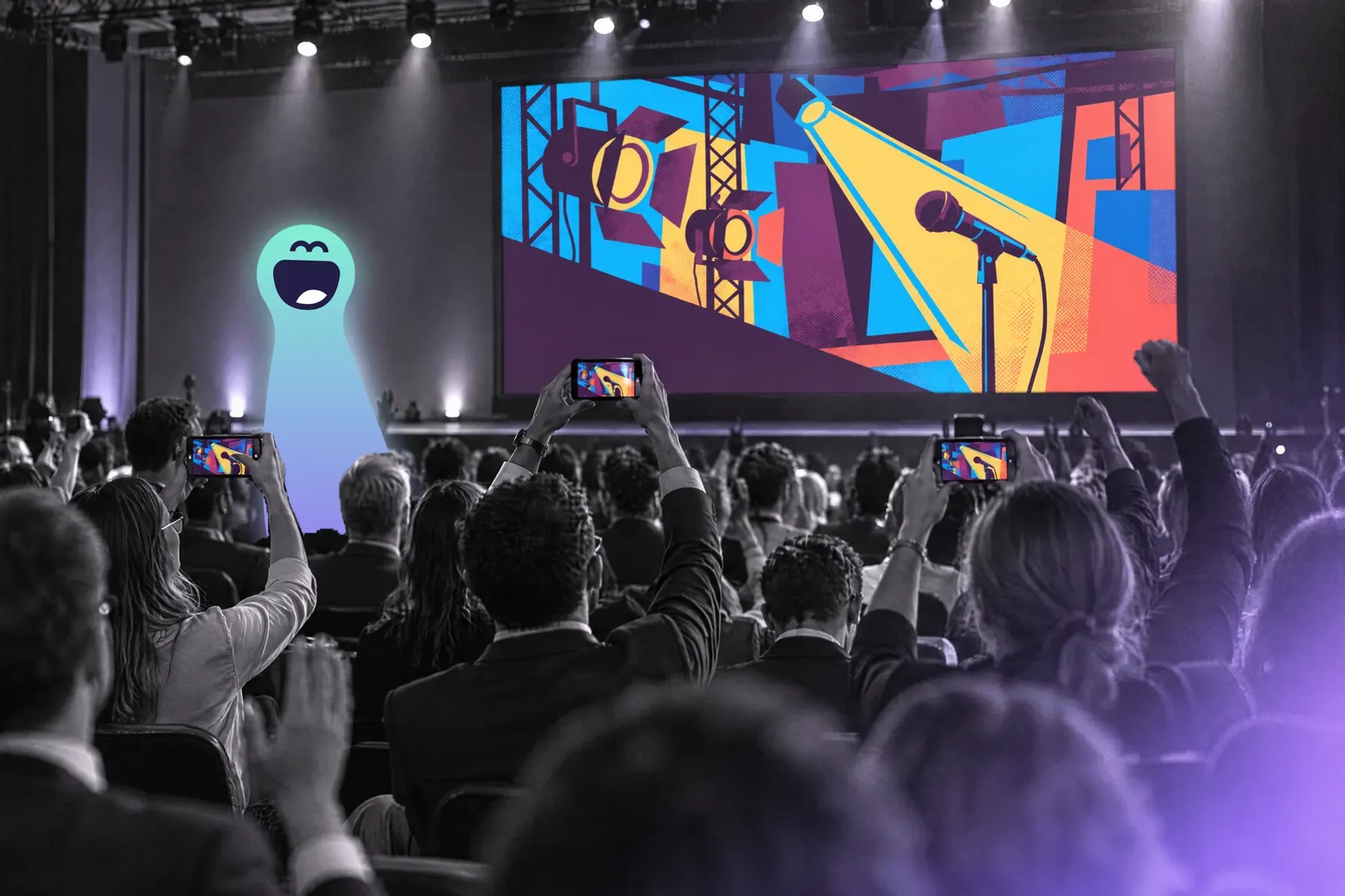 A seminar audience plays on their phones in front of the stage screen, a Twilie on the stage