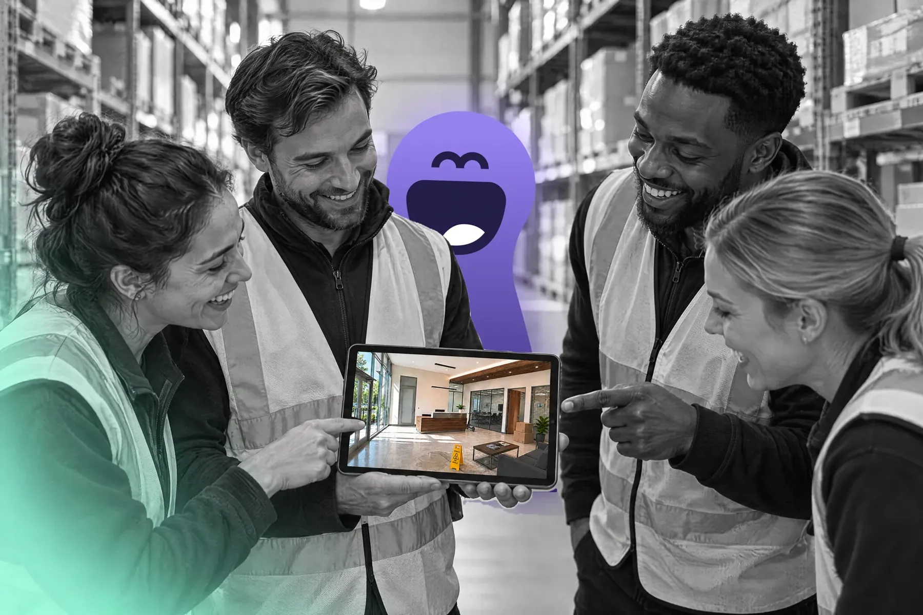 A team in hi-vis vests plays on a tablet in a warehouse, a Twilie among them