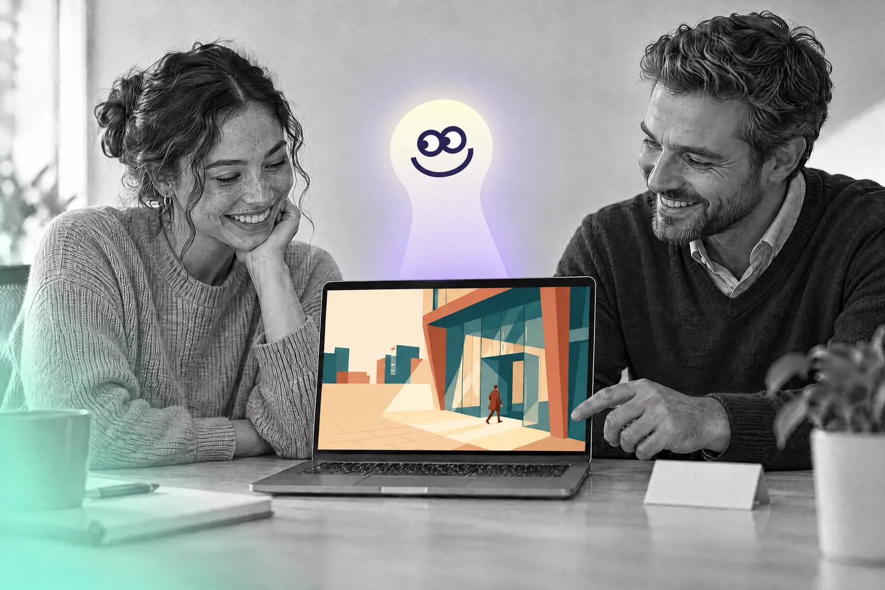 A new hire discovers their welcome game with their mentor, a smiling Twilie behind the computer