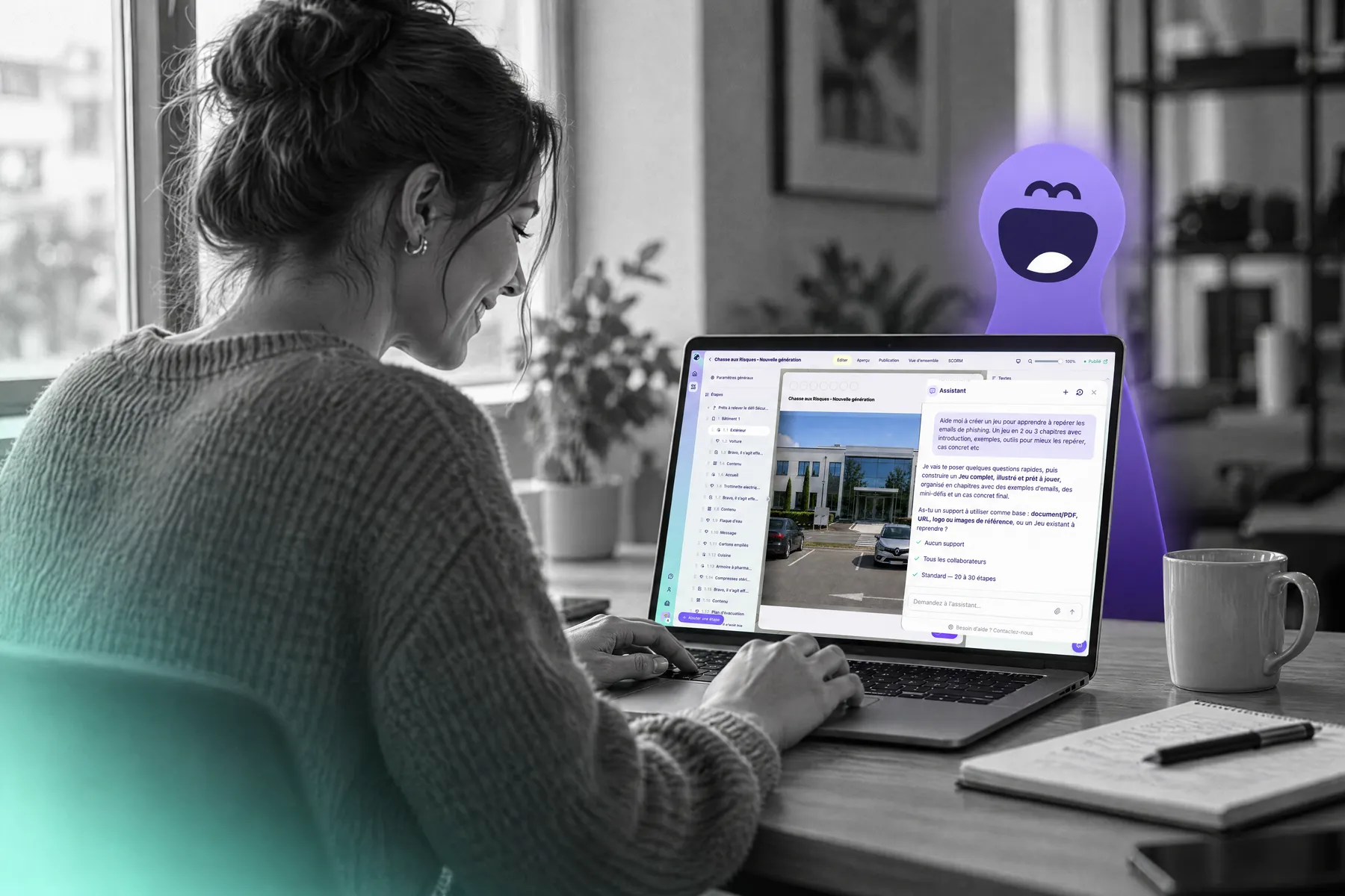 A woman builds a game with Ludiz's AI assistant on her laptop, a laughing Twilie behind the screen