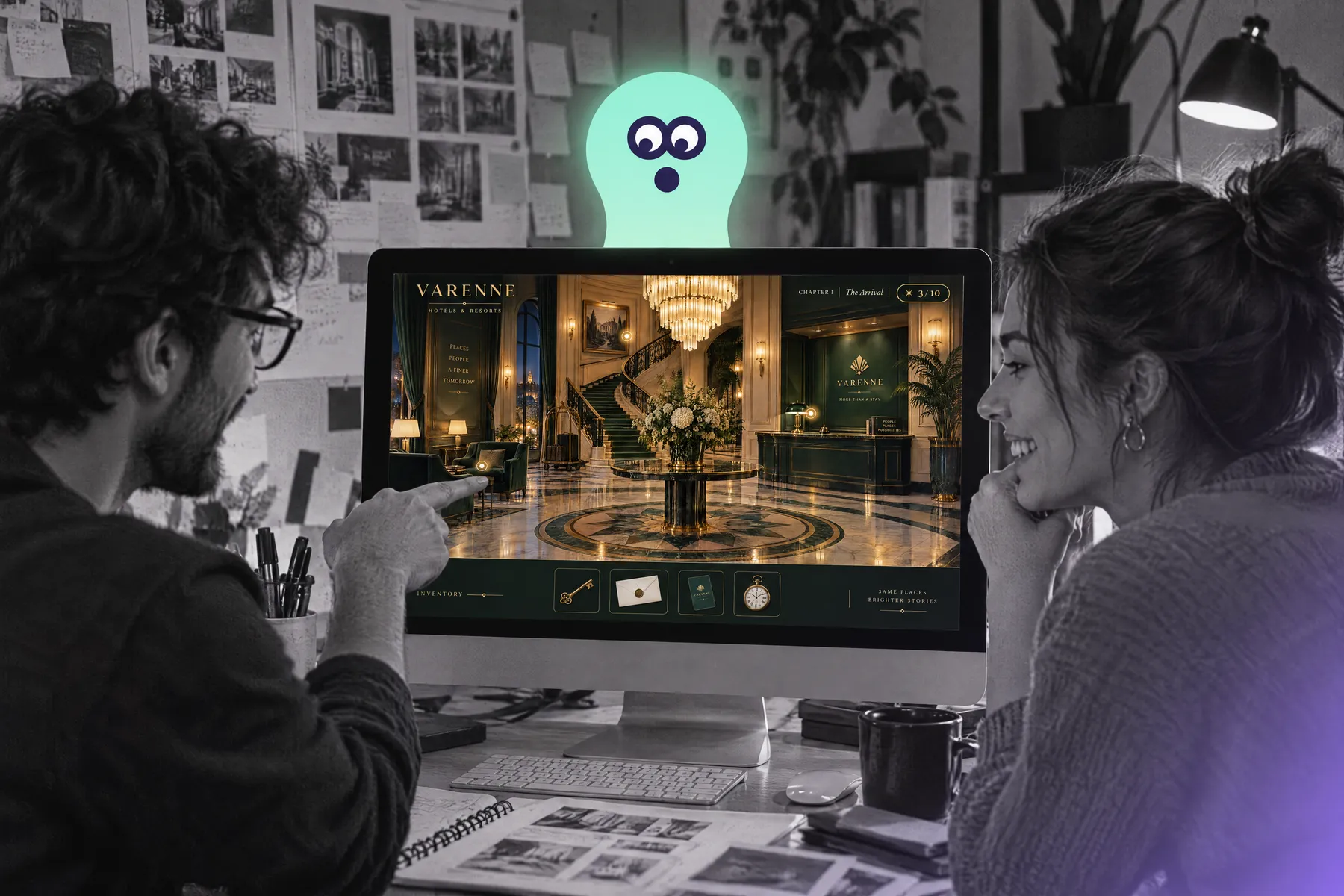 Two studio designers work on a bespoke game, a surprised Twilie behind the screen